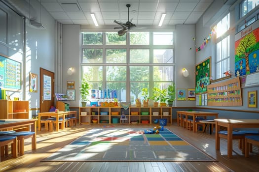 nursery school with bright yellow room with a lot of windows and a lot of toys.