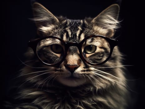 Smart Cat In Glasses On Black Background , Concept Of Curiosity And Intelligence