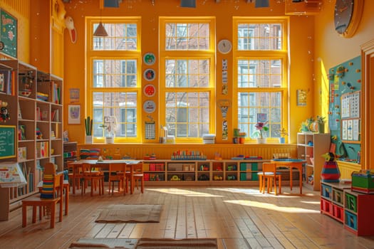 nursery school with bright yellow room with a lot of windows and a lot of toys.