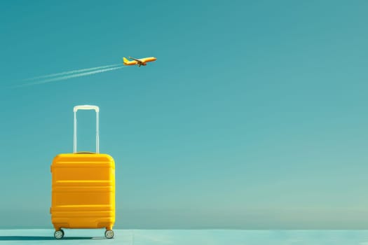 Travel adventure bright yellow suitcase against blue sky with flying airplane in background