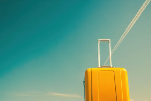 Adventure awaits yellow suitcase on hill with jet plane in sky represents travel and wanderlust theme