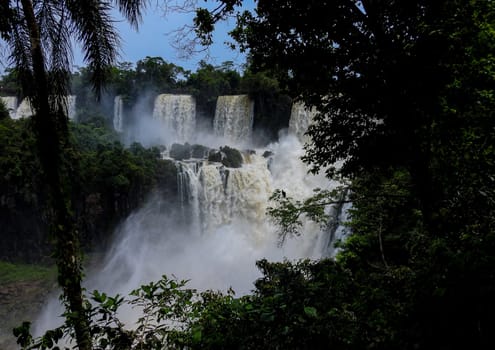 Waterfall at the Iguazu Falls, a wonder of nature.Tourism promotion concept