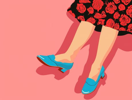 Woman's floral dress and blue shoes on pink background, beauty and fashion concept with legs of female model