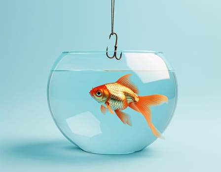 Lonely goldfish in a fish bowl with a hook, concept of captivity and isolation in art and beauty industry