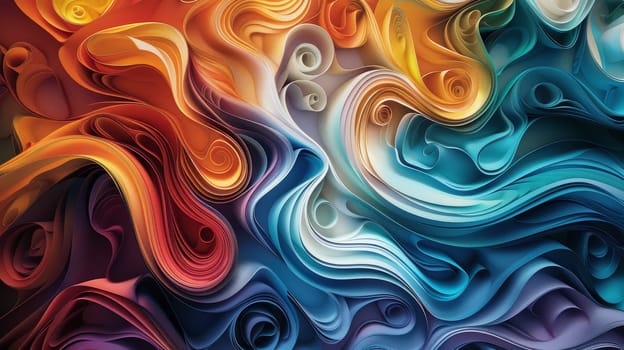 A colorful abstract painting with a blue and orange swirl. The painting is full of vibrant colors and has a dynamic, energetic feel to it. The swirls and curves create a sense of movement and flow