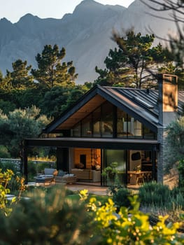 A large house with a balcony overlooking a lush green forest. The house is surrounded by trees and mountains, creating a serene and peaceful atmosphere