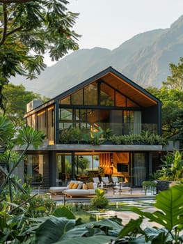 A large house with a balcony overlooking a lush green forest. The house is surrounded by trees and mountains, creating a serene and peaceful atmosphere