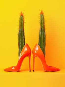 Stylish orange high heeled shoes and cactus plant in fashionable composition for beauty and art inspiration