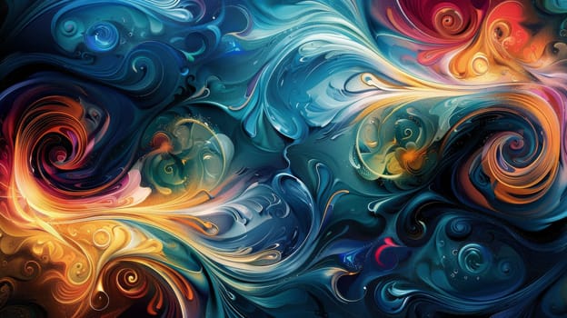 A colorful abstract painting with a blue and orange swirl. The painting is full of vibrant colors and has a dynamic, energetic feel to it. The swirls and curves create a sense of movement and flow