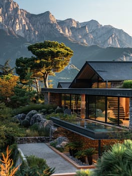 A large house with a balcony overlooking a lush green forest. The house is surrounded by trees and mountains, creating a serene and peaceful atmosphere