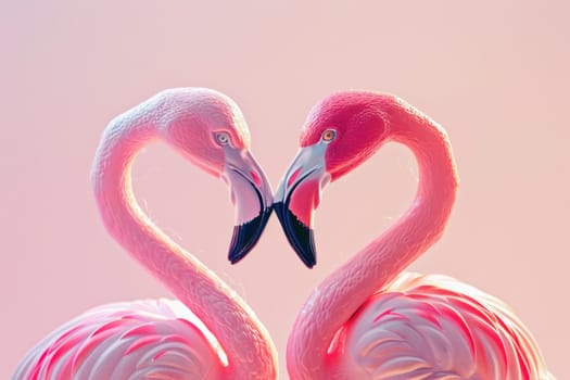 Romantic pink flamingos making heart shape on pink background for travel and beauty concept