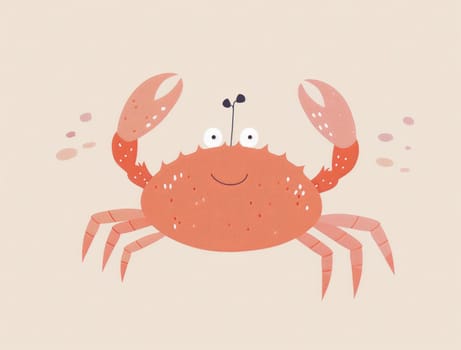 Cartoon crab with water droplets on beige background, beach vacation theme
