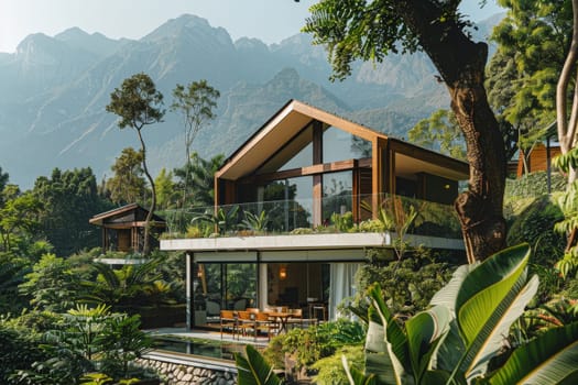 A large house with a balcony overlooking a lush green forest. The house is surrounded by trees and mountains, creating a serene and peaceful atmosphere