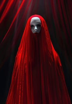 Mysterious woman in red dress with mask standing in front of red curtain, symbolizing beauty and elegance