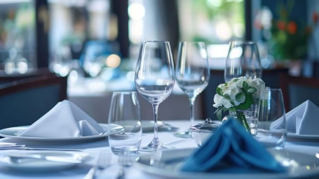 Elegant table setting with blue napkins and white tablecloth for fine dining experience