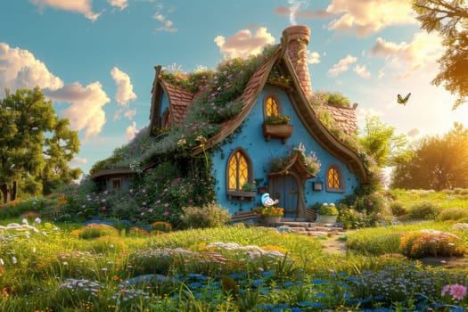 A house in fairy tail with a green roof and flowers growing. The house is surrounded by a lush green field with a lot of flowers