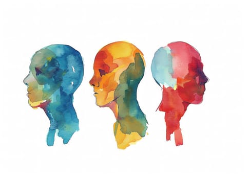 Colorful watercolor paintings portraying diverse human heads conceptualizing diversity, identity, and artistic expression