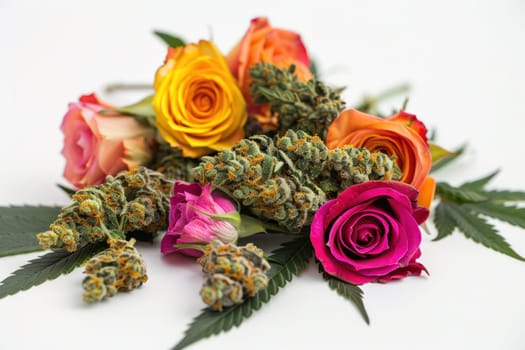 Marijuana flowers and roses bouquet on white background with closeup of flowers for beauty and medical concept