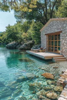 A beautiful beach house with a pool and a large body of water in the background. The water is crystal clear and the rocks surrounding the pool add to the serene atmosphere