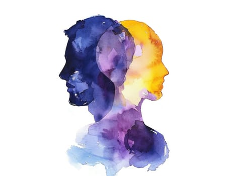 Diverse partnership artistic watercolor painting of two people with blue and yellow faces for beauty and art themes