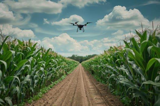 Aerial view of drone flying over a lush corn field with blue sky and clouds agricultural landscape beauty in nature