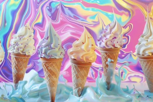 Colorful ice cream cones against rainbow swirl background for summer party celebration concept