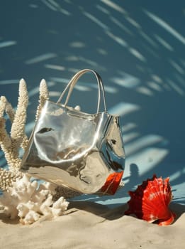 Silver handbag with seashell and starfish on sandy beach for fashionable travelers and beach lovers