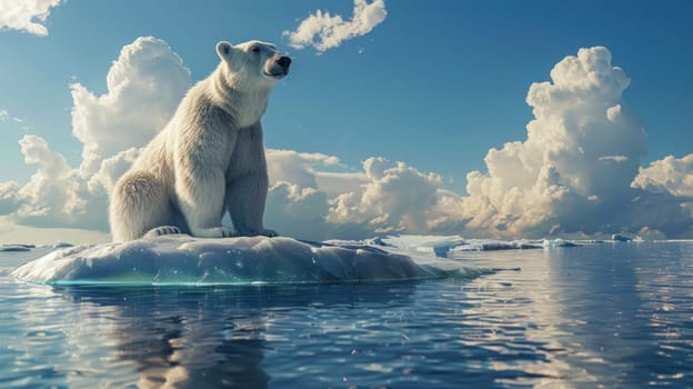 Arctic wildlife majestic polar bear resting on ice floe with clouds in background