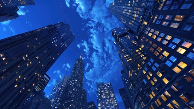 Night skyline of tall city buildings with clouds in background urban travel and business lights view at night