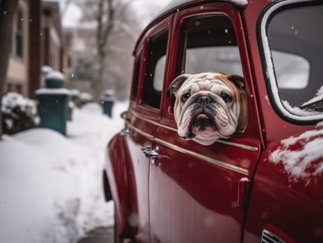 Dog Peeks Out Of Red Car Window, A Retro Vehicle In Winter On Christmas