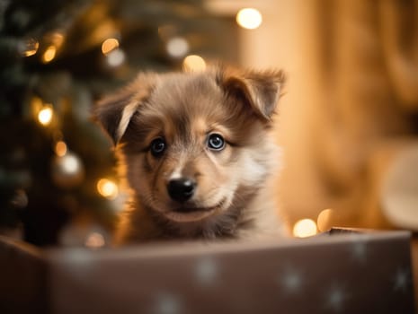 Puppy Sits Near Christmas Tree With Gifts In Room