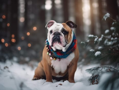 Cute Dog Sits In Winter Forest Wearing Scarf