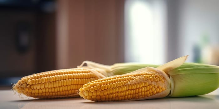 Сobs of corn on the kitchen table with blurred background