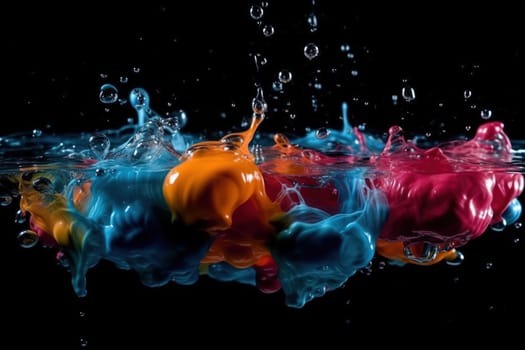 Color paint in water on the black background, generative AI