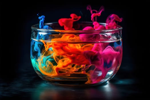 abstruct colorful splashes in a glass on a black background, generative AI