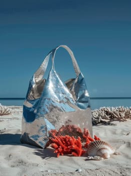 Seaside beauty silver beach bag and coral on sandy beach with seashells background