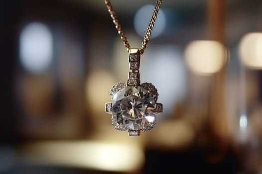 Cut diamond in a pendant on a blurry background in a jewelry store, generative AI