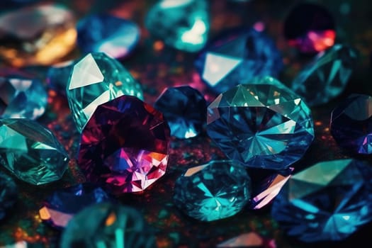 Colourful dazzling Cut gems as textured background, generative AI