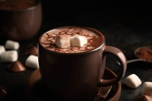 hot drink chocolate with marshmallow candies in a cup on a table , generative AI