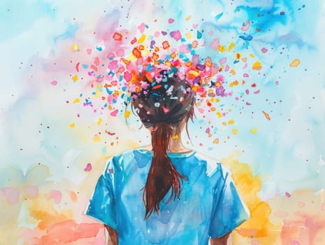 Girl celebrating with confetti in her hair wearing blue shirt, artistic portrait of joyful young woman in party mood