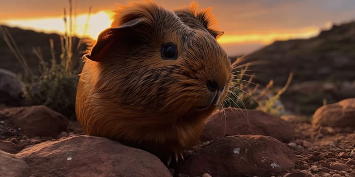 Cute Guinea Pig On A Ground At Sunset, Close Up At Sunset