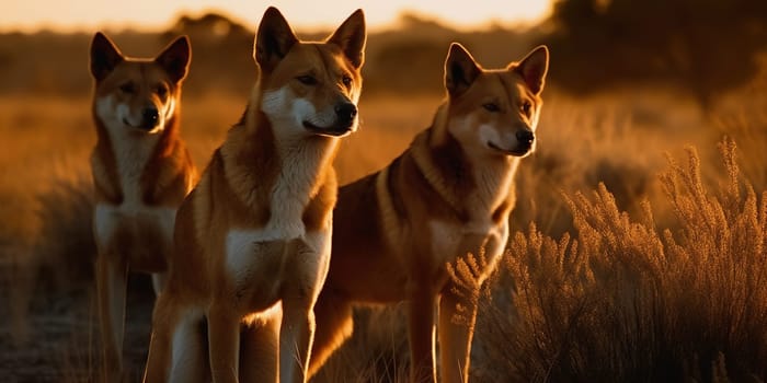 Flock Of Wild Dingo Dogs At Sunset At Sunset