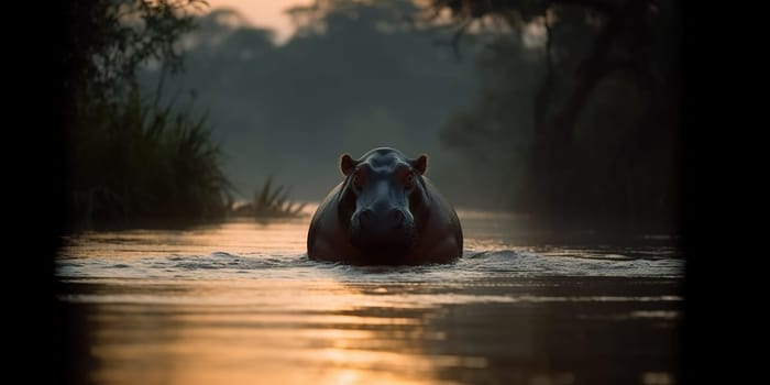 Big Hippo In River In The Evening At Sunset