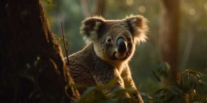 Cute Koala In The Jungle Forest In The Evening At Sunset