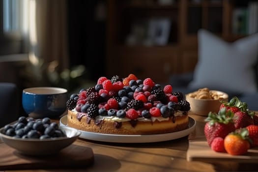 Fruit cake with strawberries, blueberries,raspberries on a plate on a blurred background