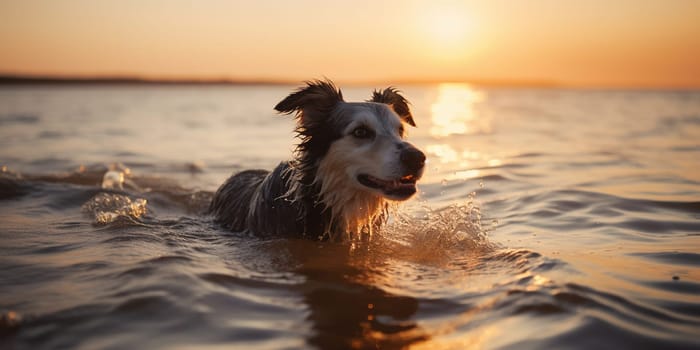 Dog swimming in ocean caught beautiful sunset on water.