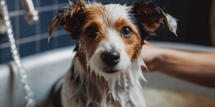 Dog enjoys swimming in water during bath time.