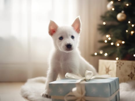 Puppy Sits Near Christmas Tree In Room With Gifts