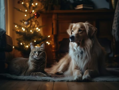 Dog And Cat Sit Near Decorated Christmas Tree