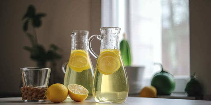 Glass jugs with fresh cold lemonade with lemons on a kitchen table